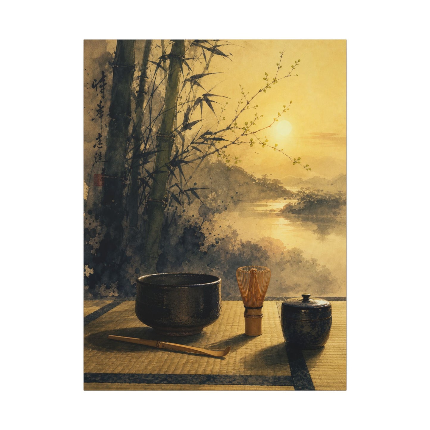 Tea Ceremony Sumi E Canvas Art | Contemplative Zen Art