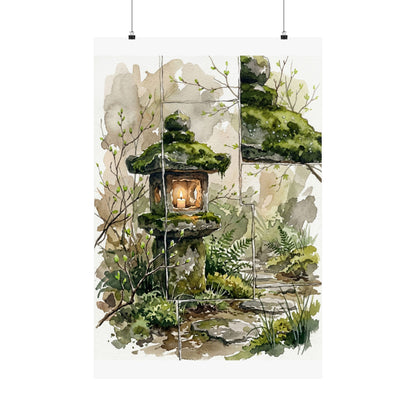 Stone Lantern Spring Wall Art Print | Japandi Neutral Design