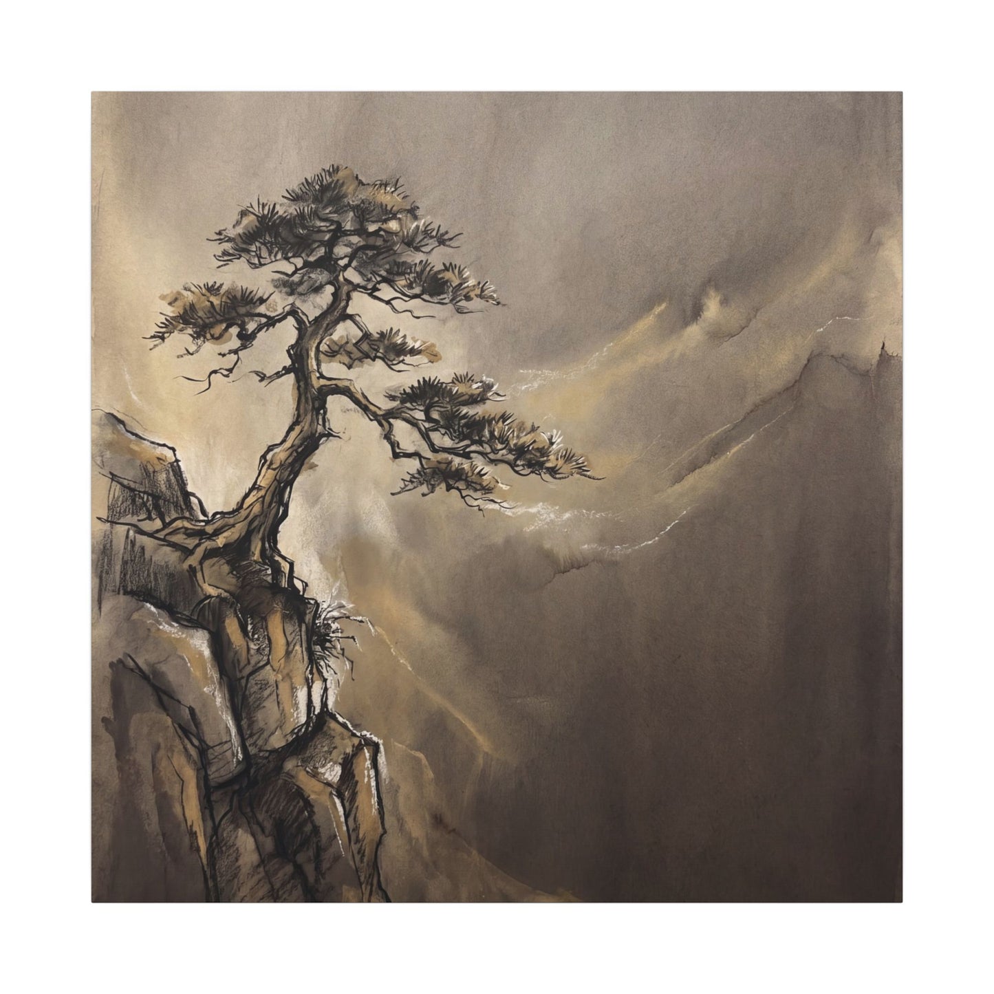 Pine Tree Charcoal Ink Canvas Art | Luxurious Dark Japandi Art
