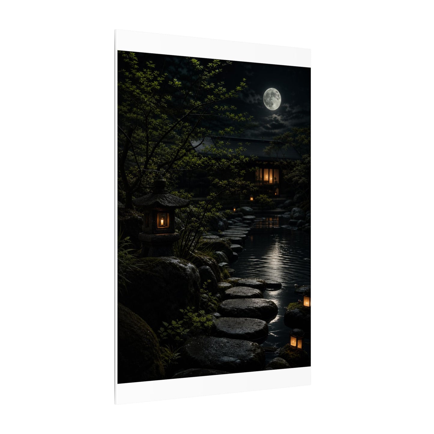 Moonlit Garden Shadow Zen Canvas Art | Sophisticated Dark Japandi Art