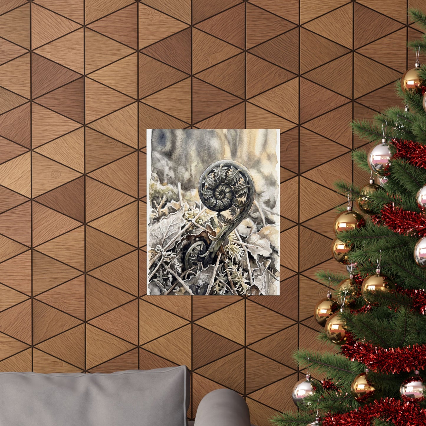 Japandi Fern Unfurling in Golden Hour | Watercolor Wall Art Print