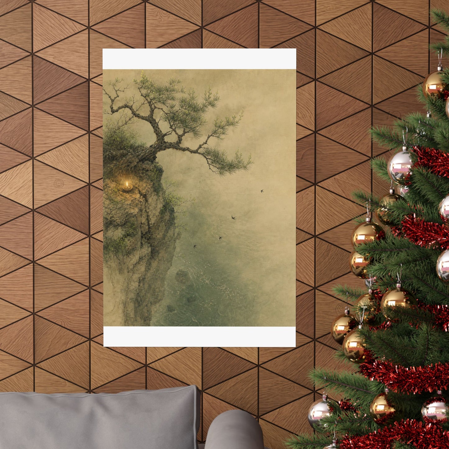 Japandi Pine Tree in Candlelight | Minimal Line Wall Art Print
