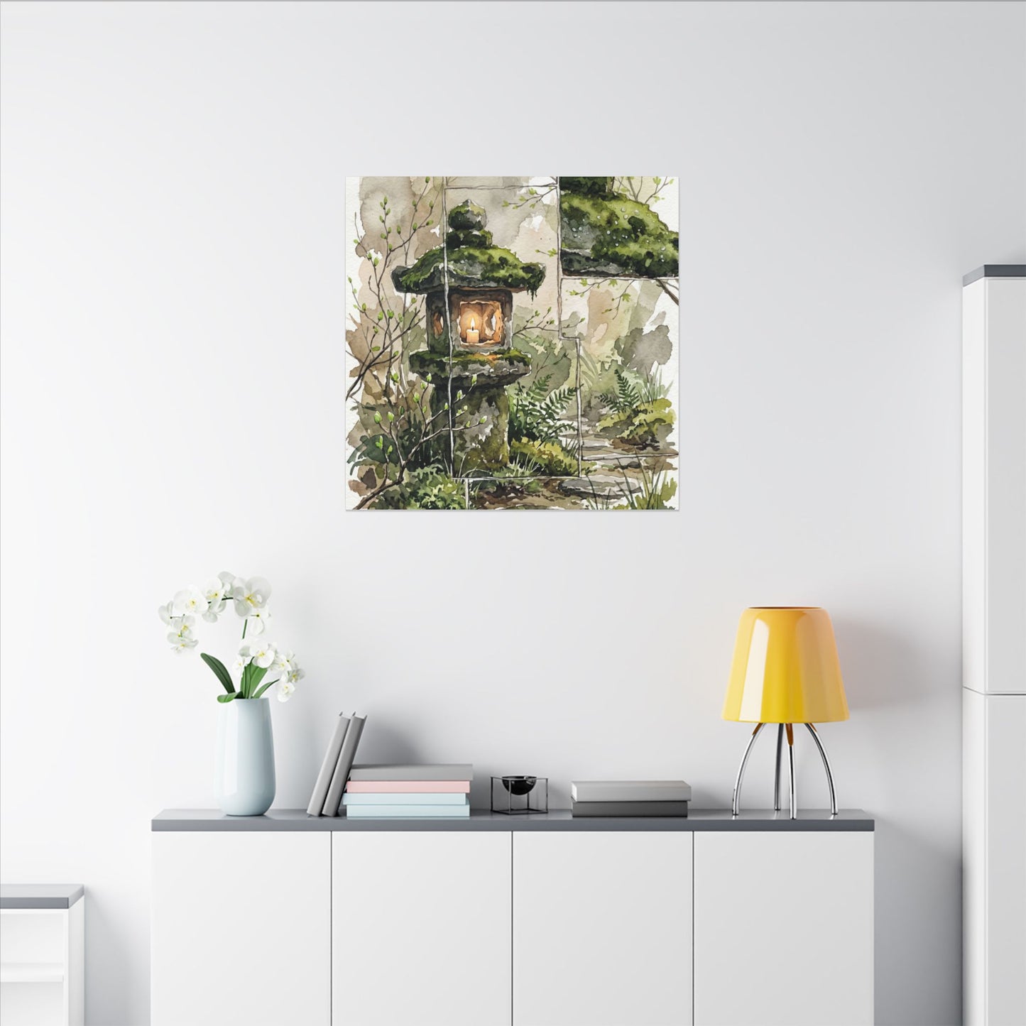 Stone Lantern Watercolor Canvas Art | Elegant Japandi Art