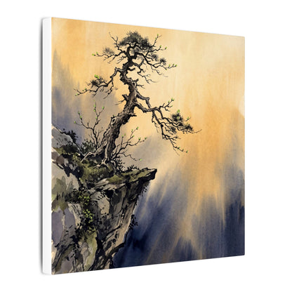 Zen Pine Tree in Golden Hour | Sumi E Canvas Art