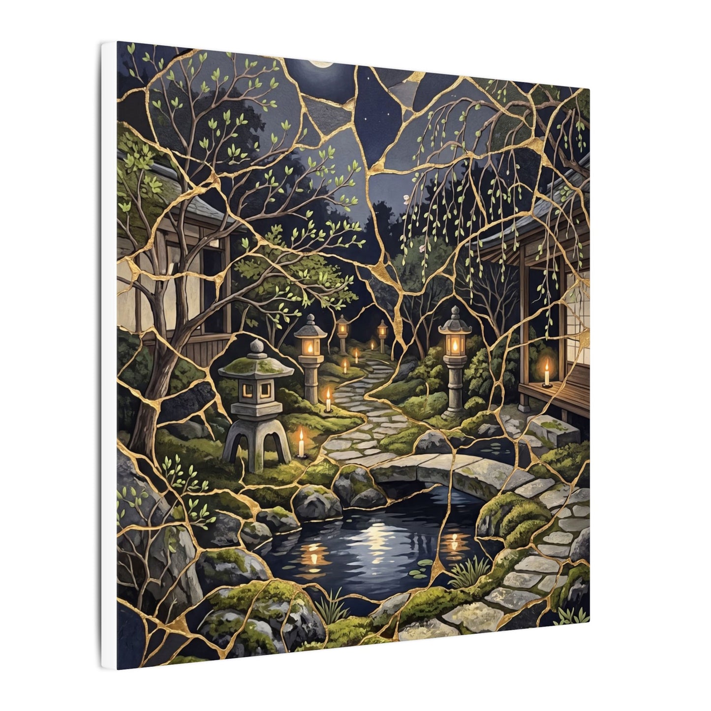 Kintsugi Moonlit Garden in Candlelight | Gold Vein Canvas Art