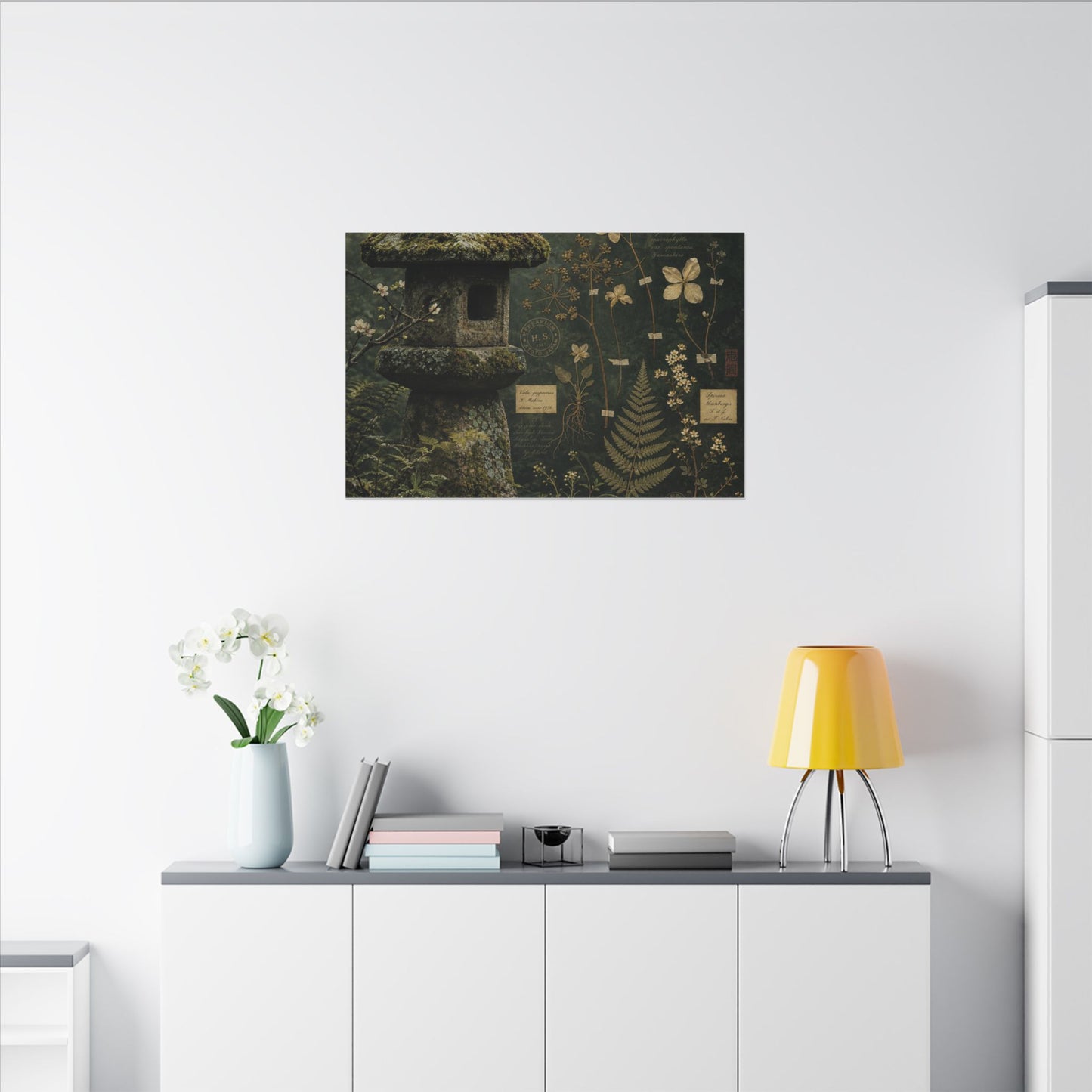 Spring Stone Lantern Herbarium Canvas Art | Nostalgic Decor