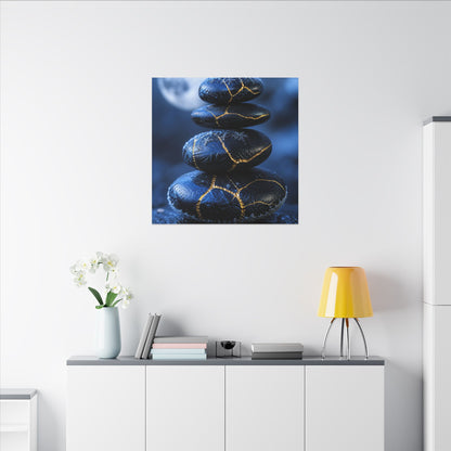 River Stones Canvas Art | Winter Kintsugi Gold Repair Art