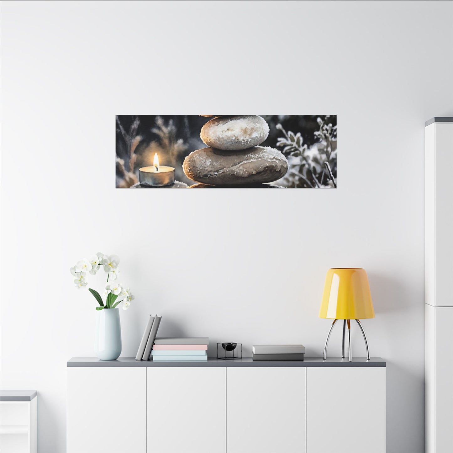 River Stones Canvas Art | Winter Japandi Watercolor Art