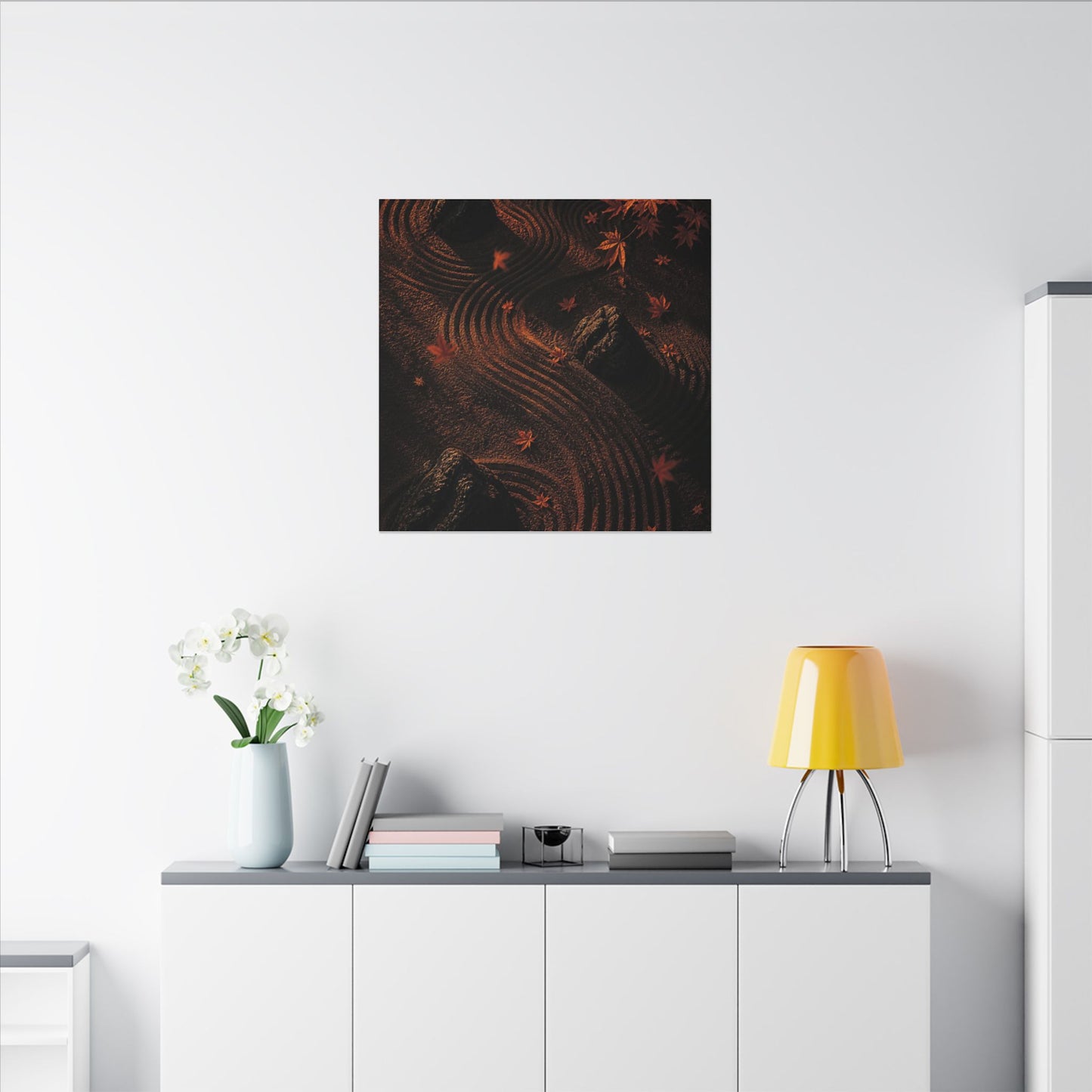 Dark Japandi Rock Garden in Golden Hour | Charcoal Ink Canvas Art