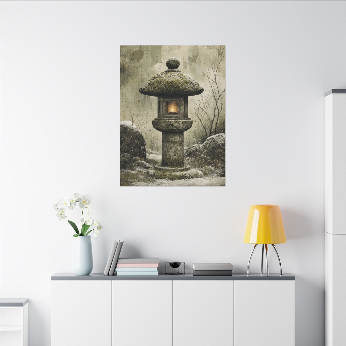 Stone Lantern Winter Canvas Art | Japandi Neutral Design