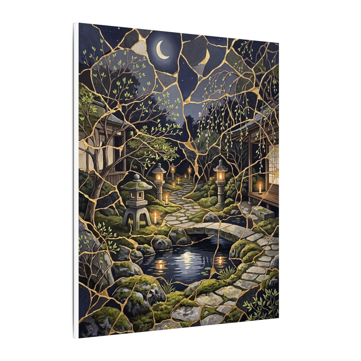 Kintsugi Moonlit Garden in Candlelight | Gold Vein Canvas Art