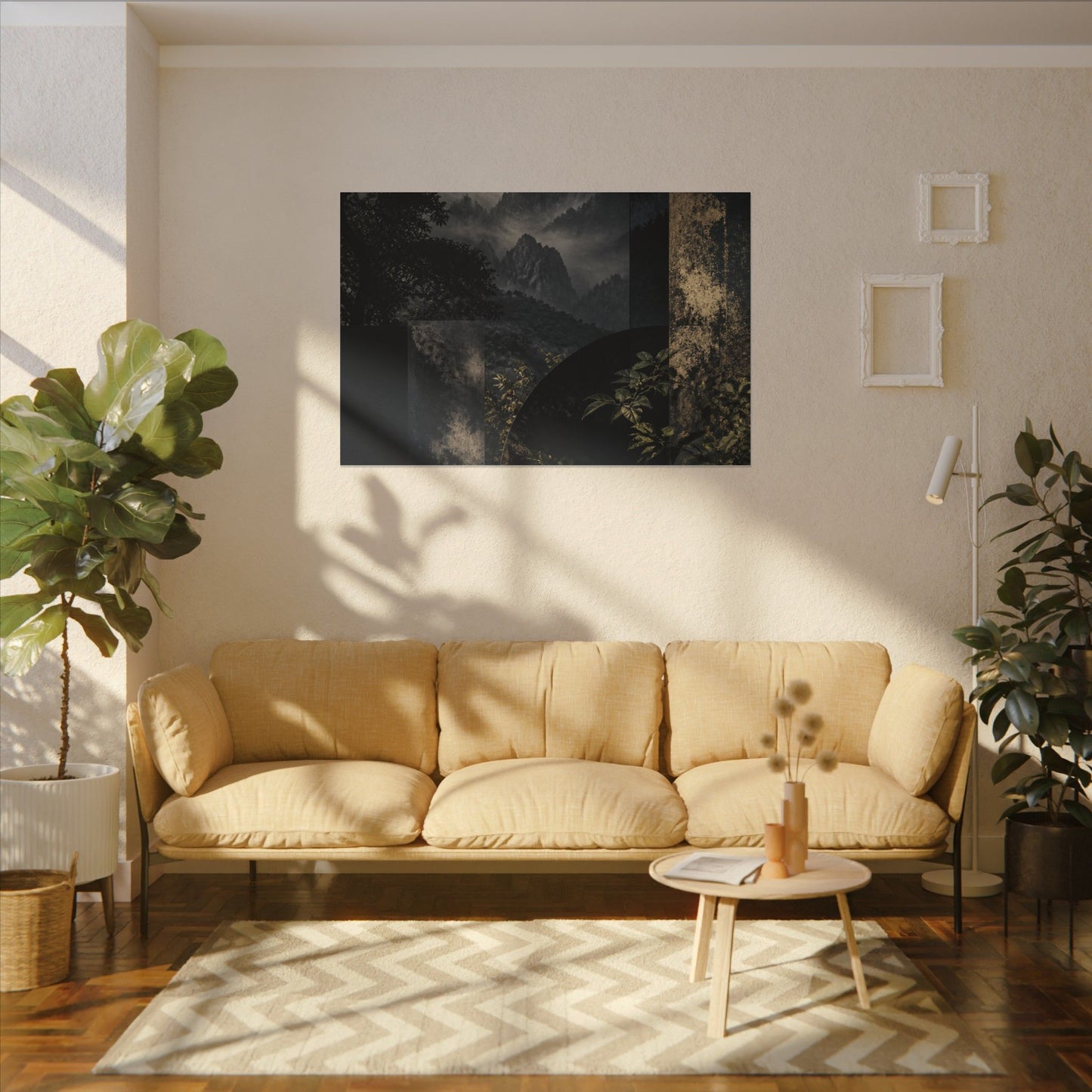 Mountain Mist Summer Canvas Art | Dark Japandi Atmospheric Design
