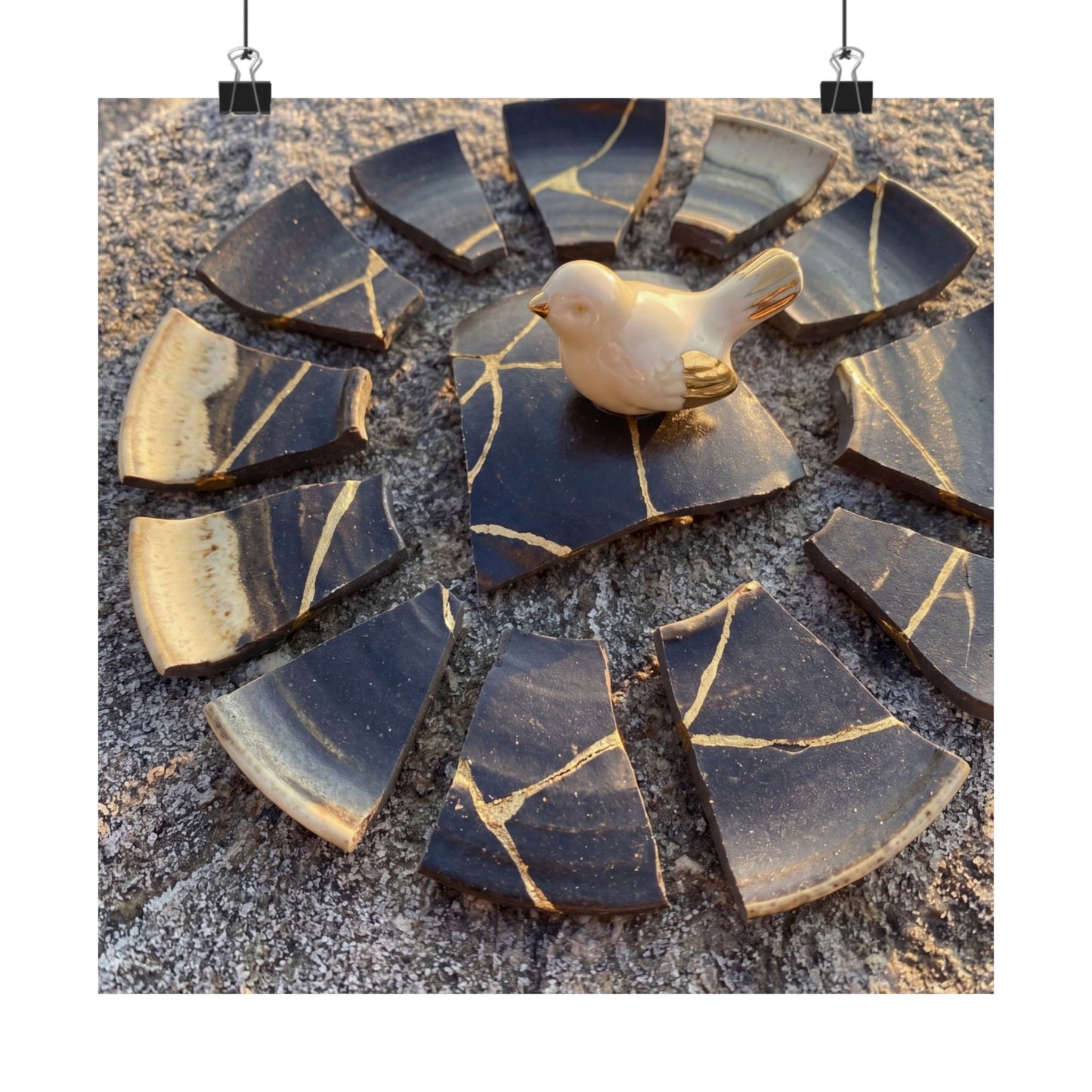 Kintsugi Broken Pottery in Golden Hour | Gold Repair Wall Art Print Art Print