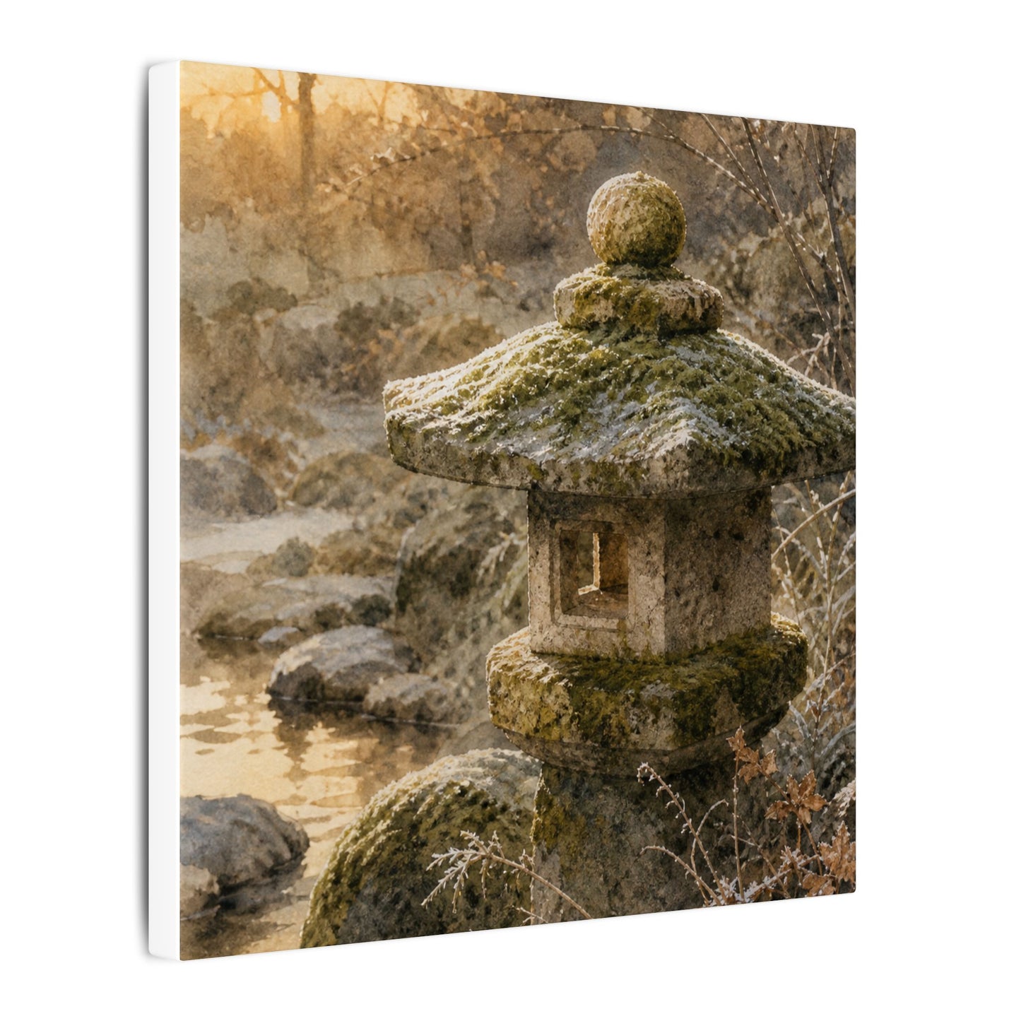 Winter Stone Lantern Watercolor Canvas Art | Earthy Decor