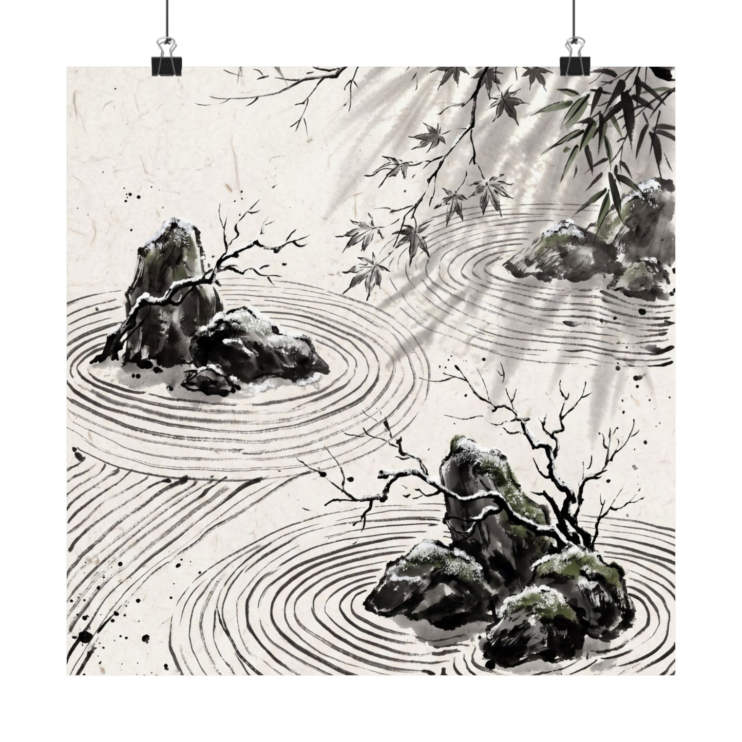 Winter Rock Garden Sumi E Wall Art Print | Serene Decor