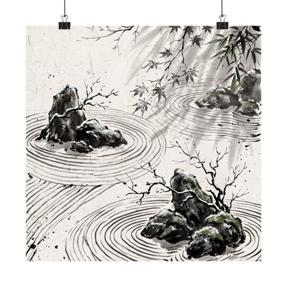 Winter Rock Garden Sumi E Wall Art Print | Serene Decor
