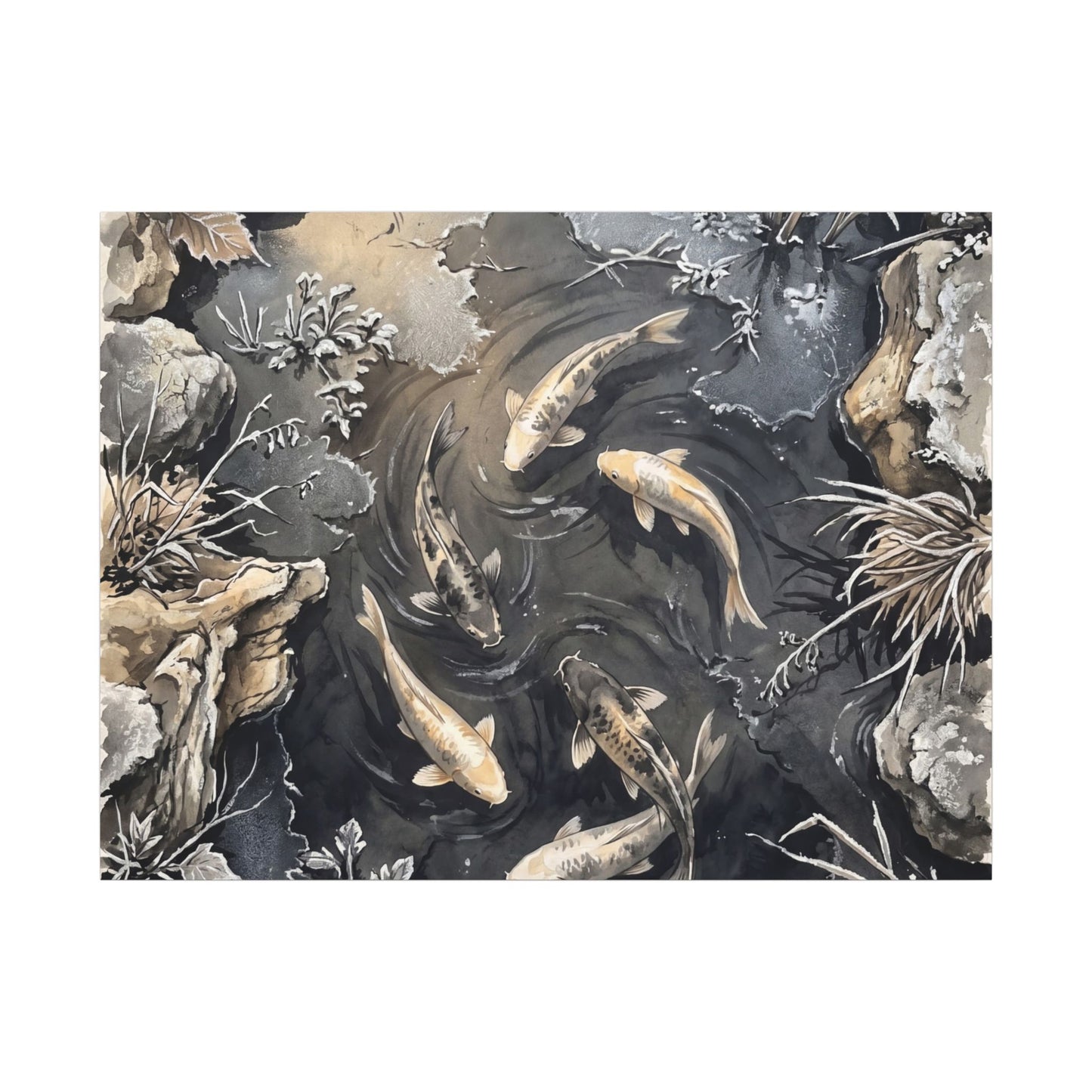 Koi Pond Canvas Art | Winter Japandi Japanese Pattern Art
