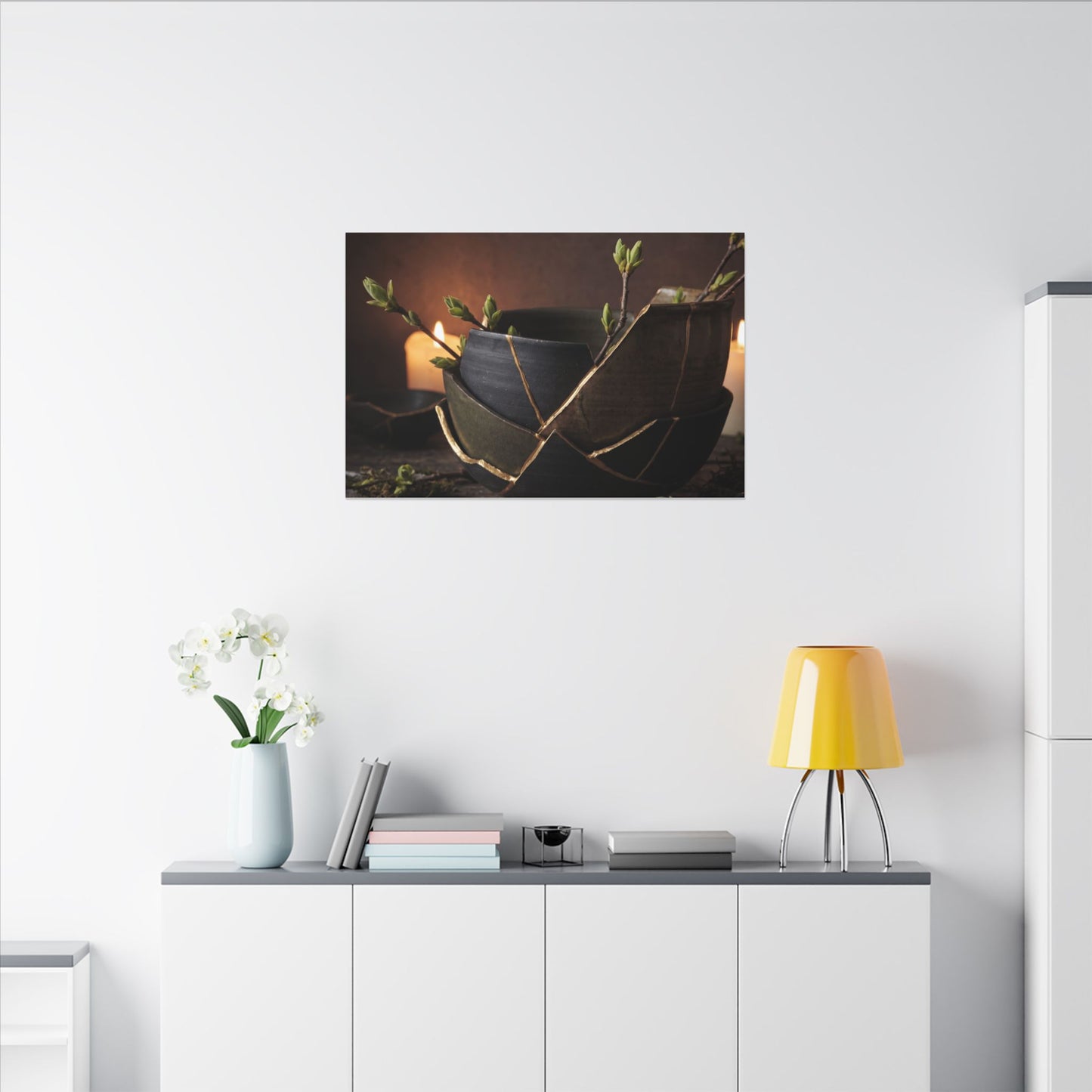 Broken Pottery Spring Canvas Art | Dark Japandi Luxurious Design
