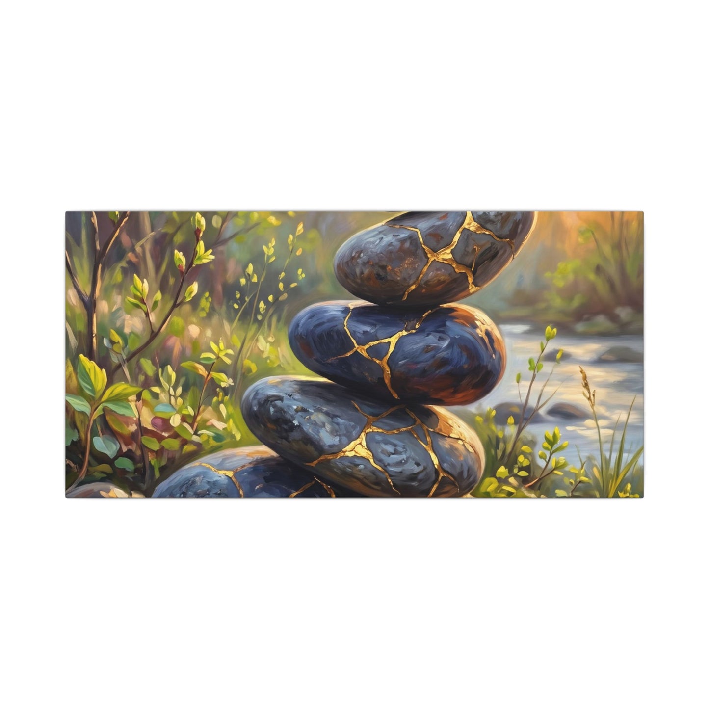 Spring River Stones Gold Repair Canvas Art | Healing Decor