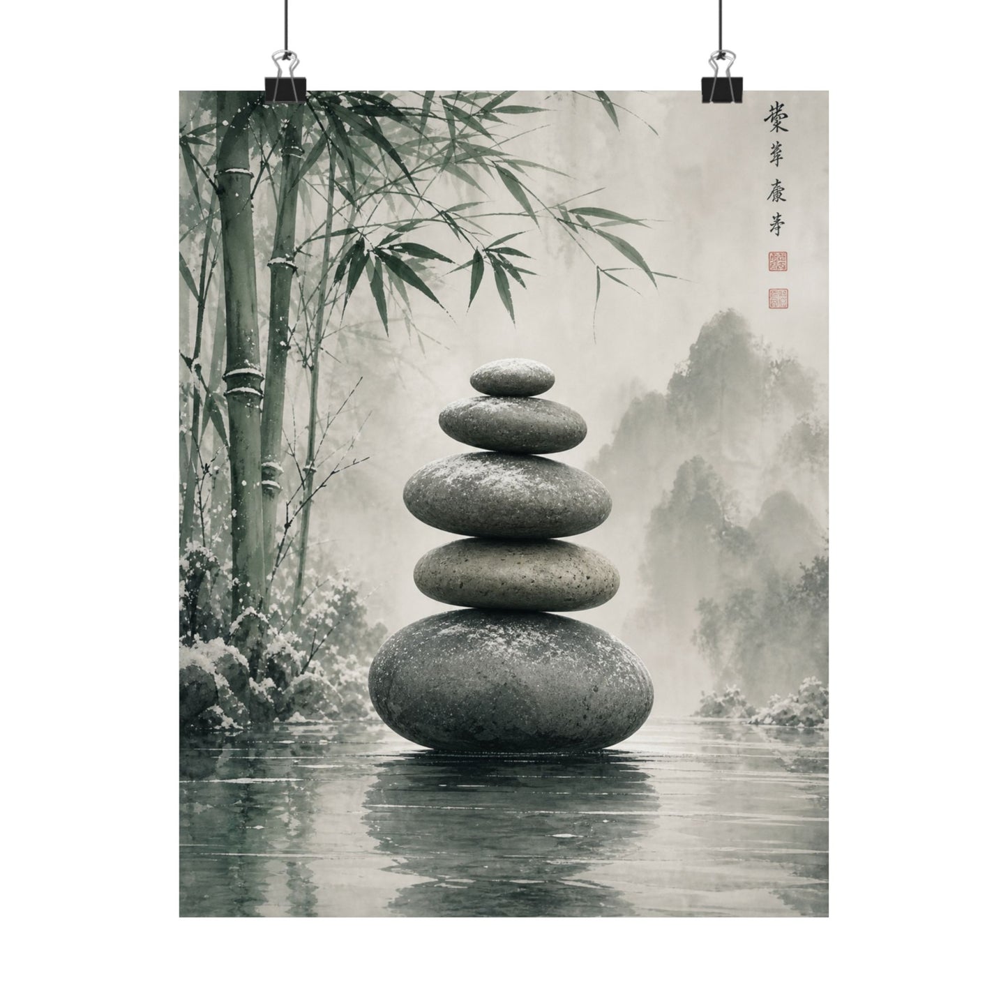 River Stones Sumi E Wall Art Print | Tranquil Zen Art