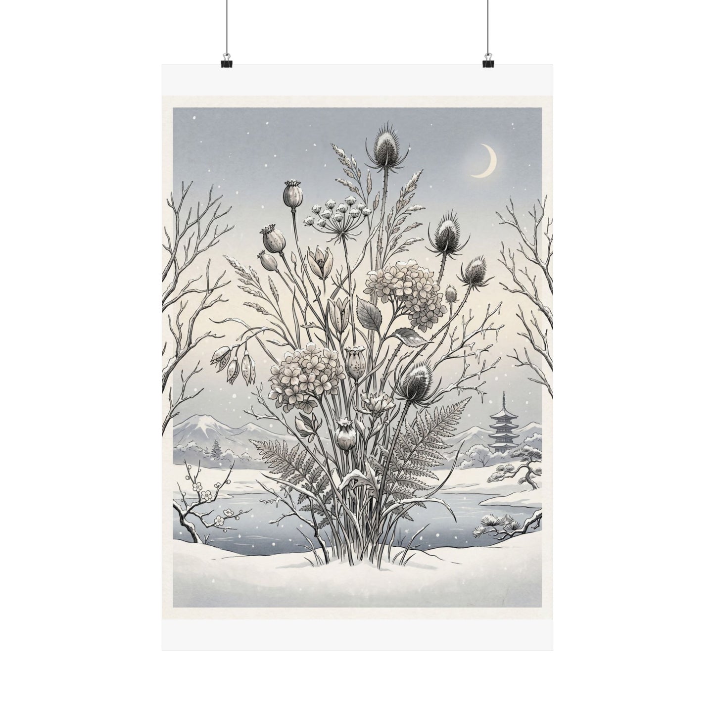 Zen Dried Flowers in Dawn | Ukiyo E Inspired Wall Art Print