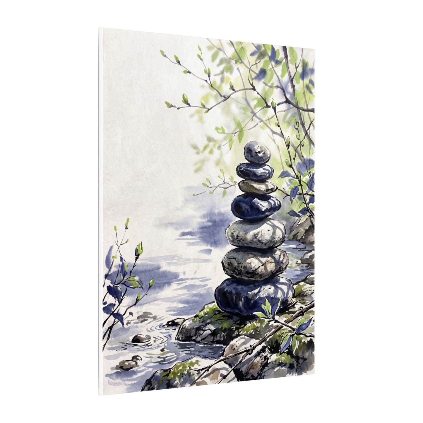 River Stones Sumi E Canvas Art | Serene Zen Art