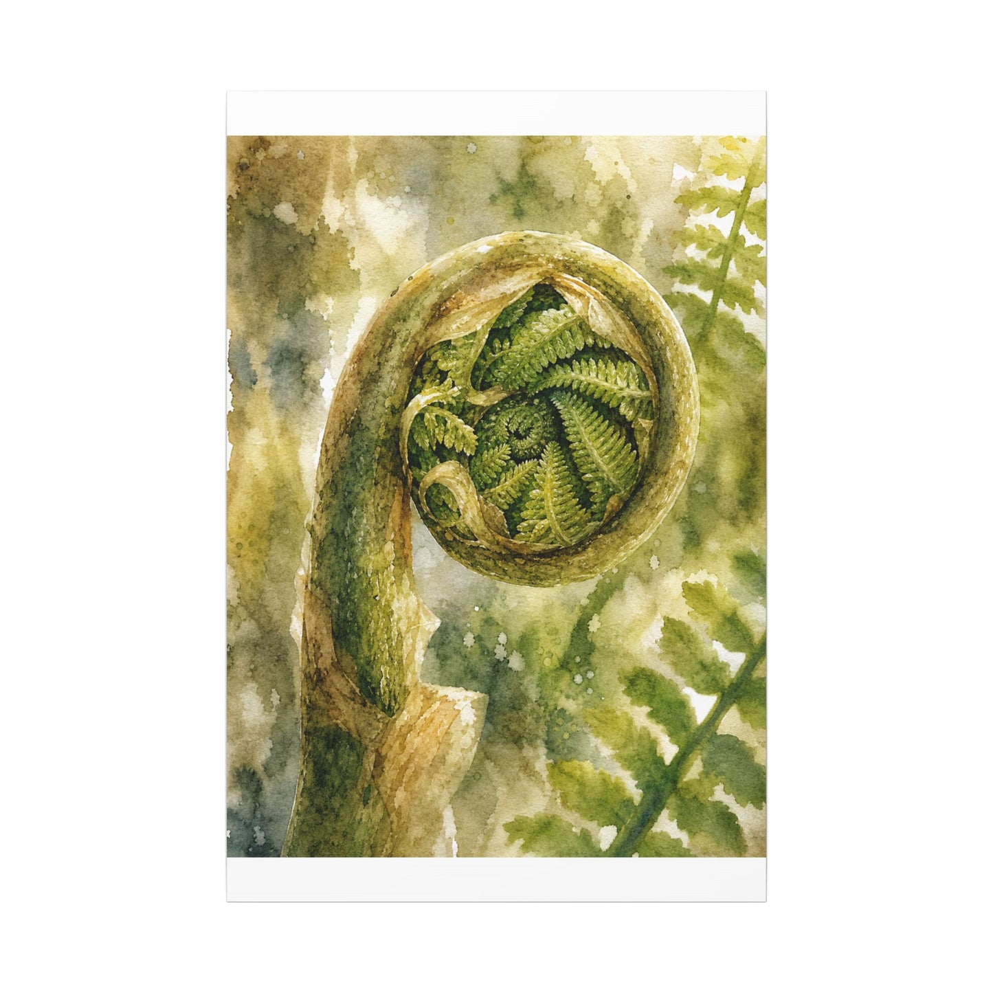 Japandi Fern Unfurling in Dappled | Watercolor Canvas Art