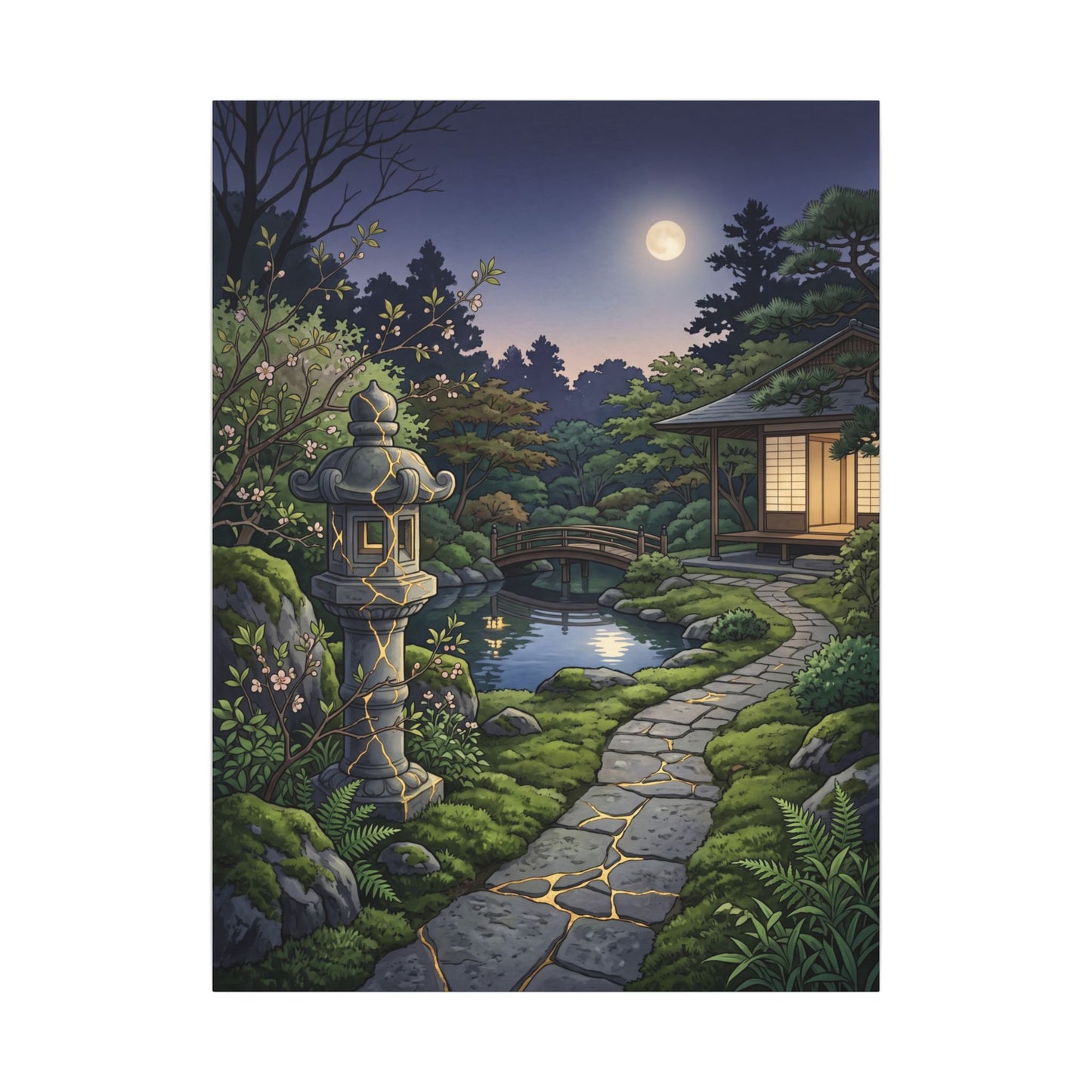 Spring Moonlit Garden Gold Vein Canvas Art | Resilient Decor
