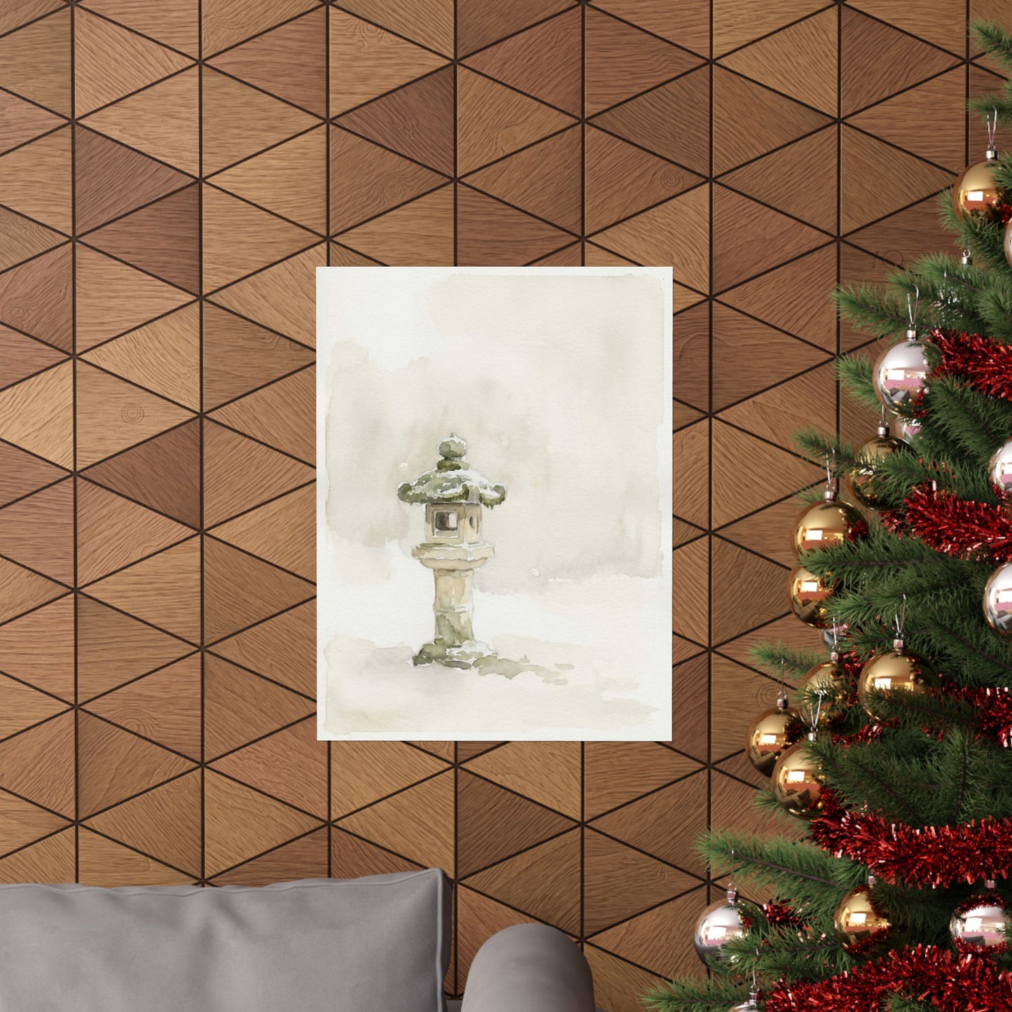 Japandi Stone Lantern in Overcast | Watercolor Wall Art Print