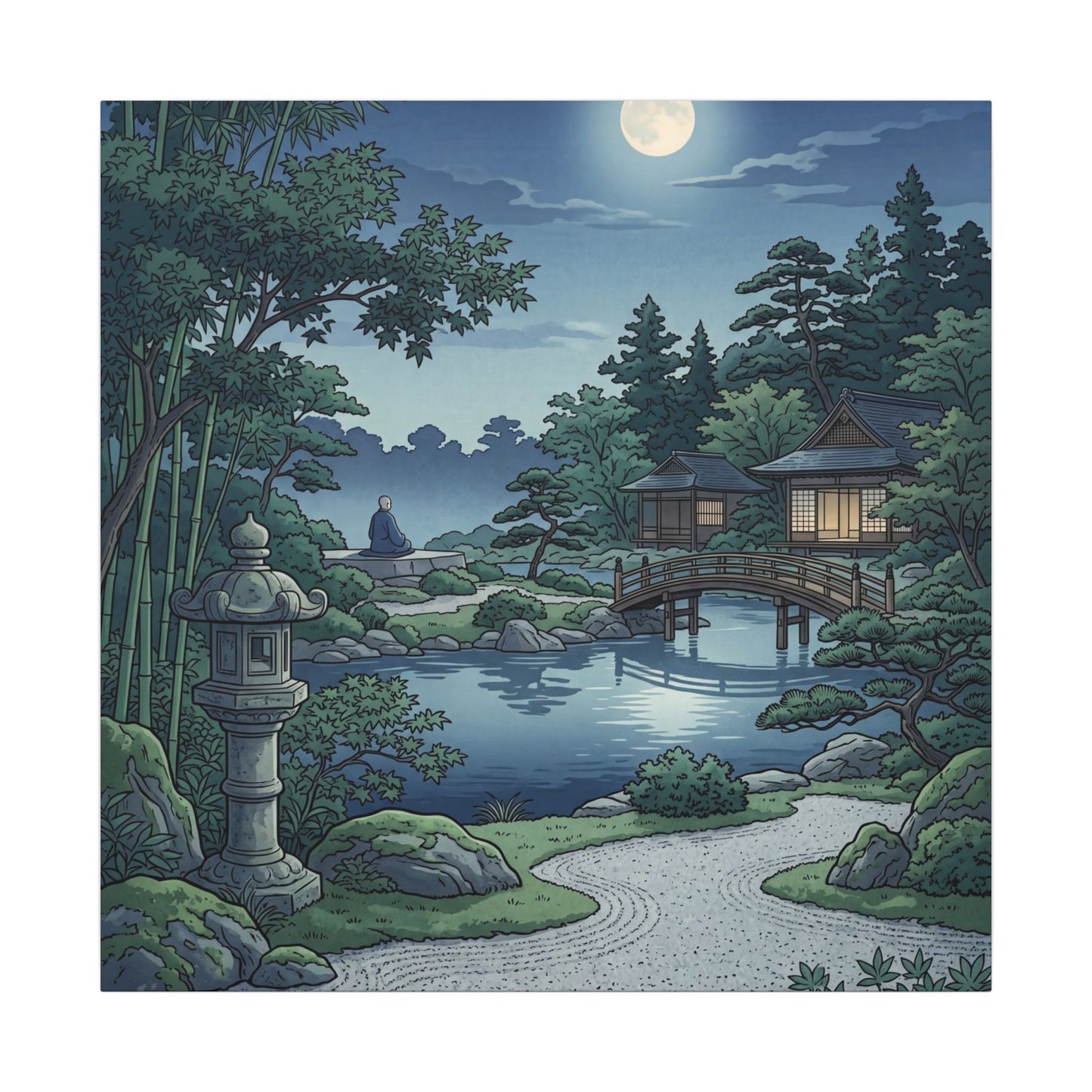 Summer Moonlit Garden Ukiyo E Inspired Canvas Art | Serene Decor