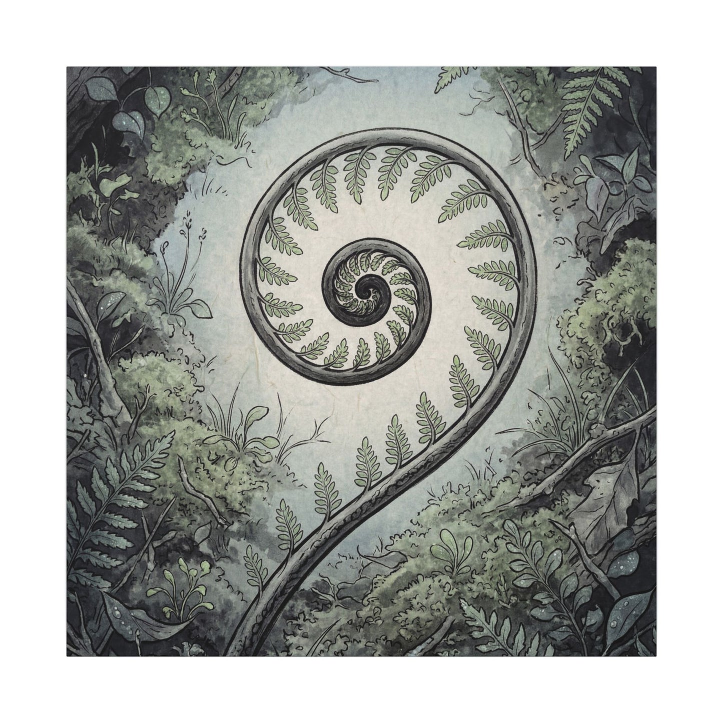 Zen Fern Unfurling in Dawn | Ukiyo E Inspired Canvas Art