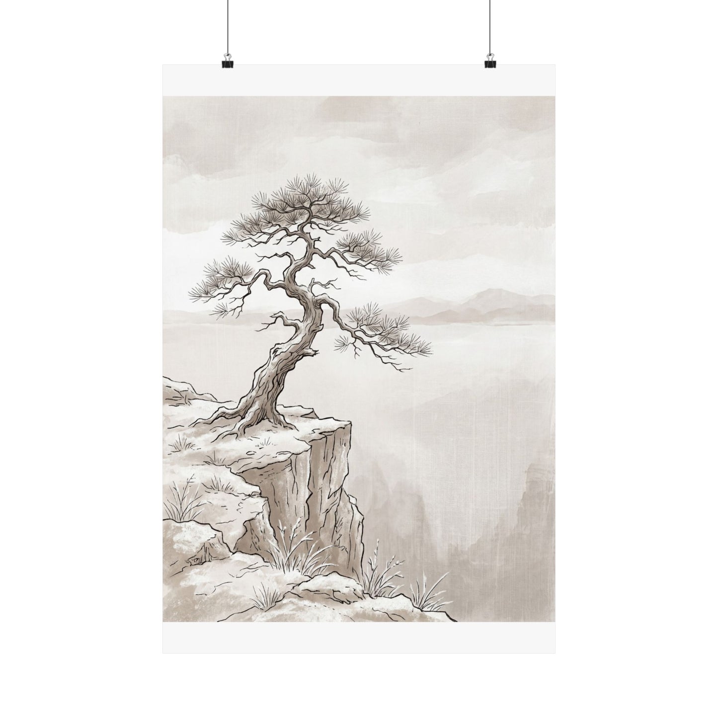 Japandi Pine Tree in Overcast | Minimal Line Wall Art Print