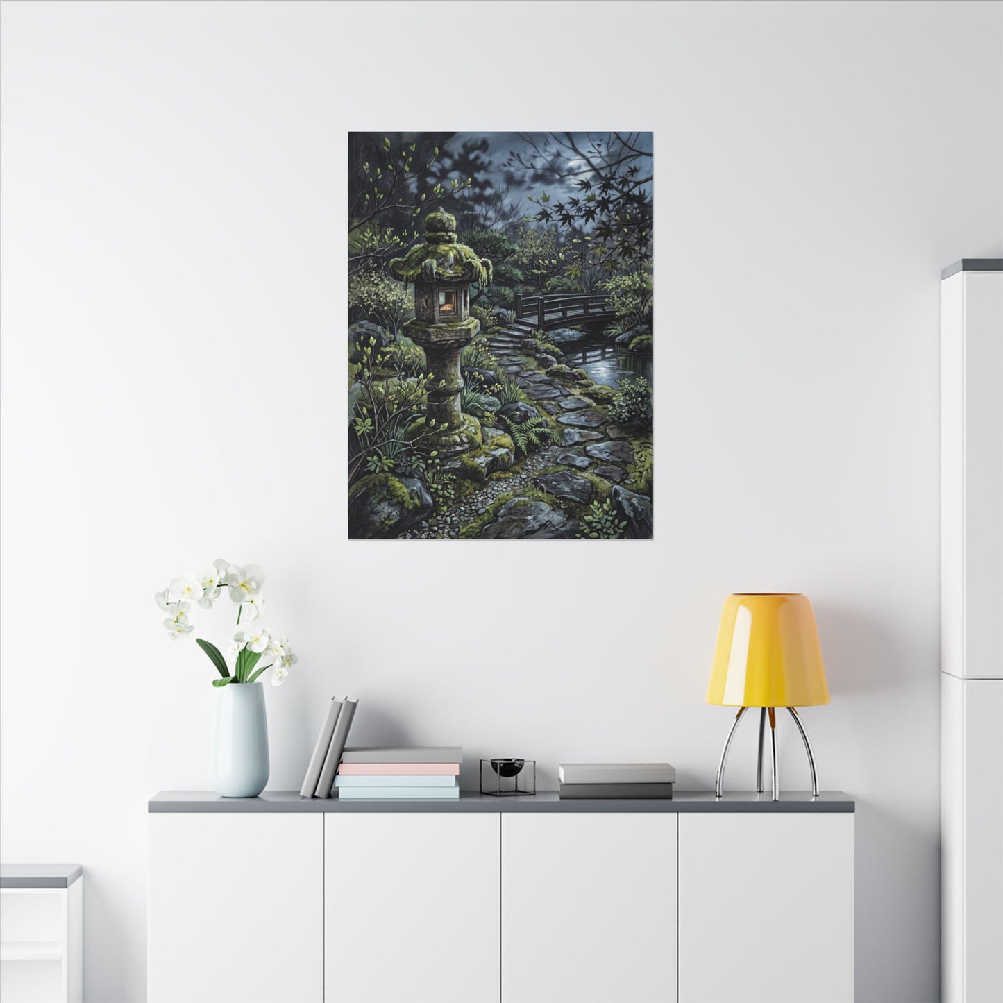Japandi Stone Lantern in Moonlight | Texture Canvas Art