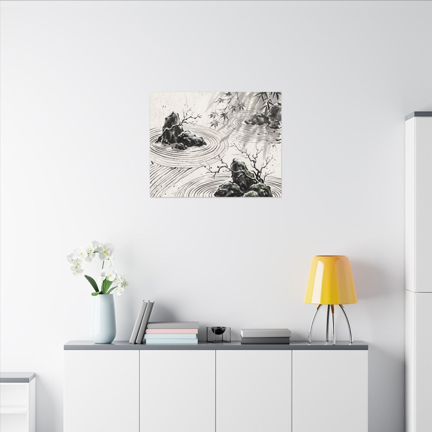 Rock Garden Canvas Art | Winter Zen Sumi E Art