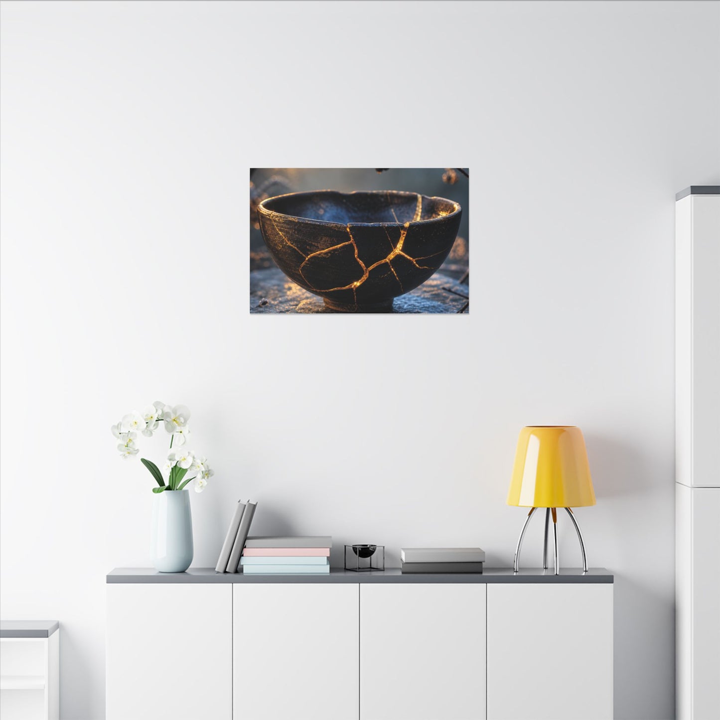 Ceramic Bowl Canvas Art | Winter Kintsugi Gold Repair Art