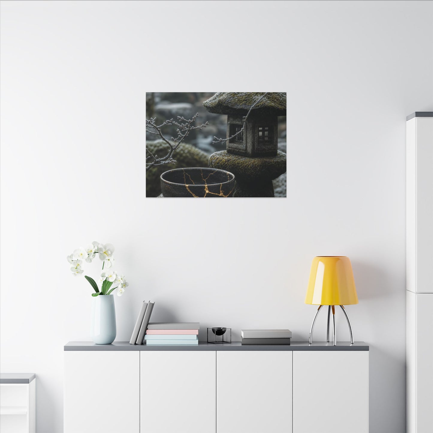 Stone Lantern Canvas Art | Winter Kintsugi Gold Repair Art
