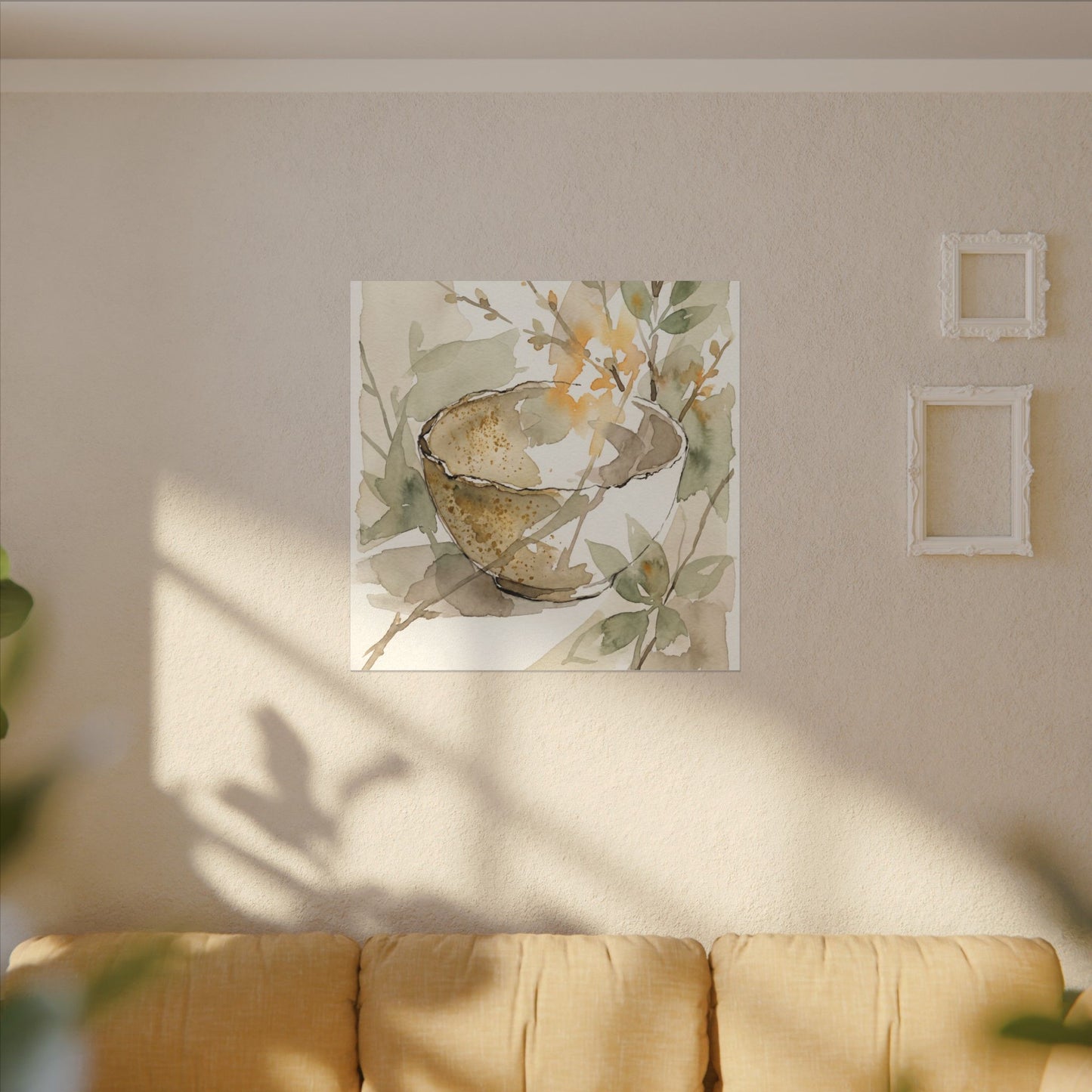 Spring Ceramic Bowl Watercolor Canvas Art | Neutral Decor