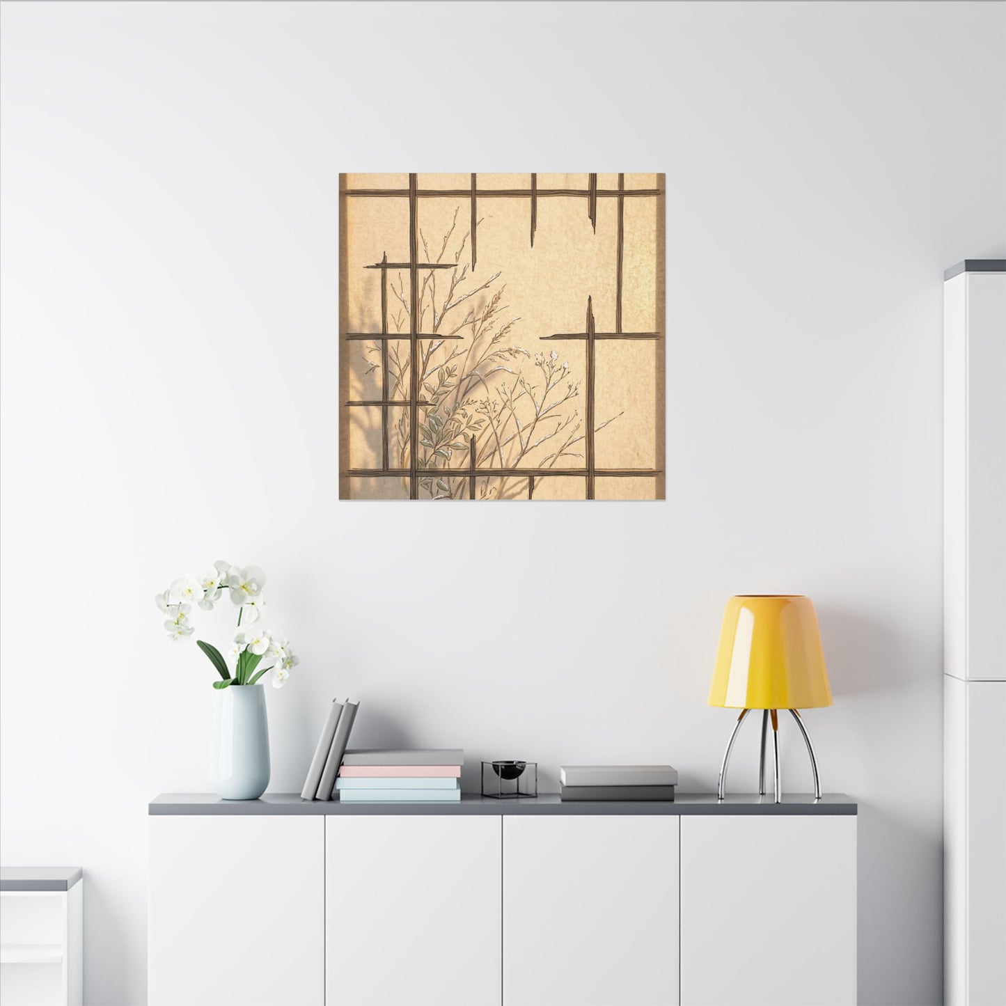 Shoji Screen Canvas Art | Winter Japandi Minimal Line Art