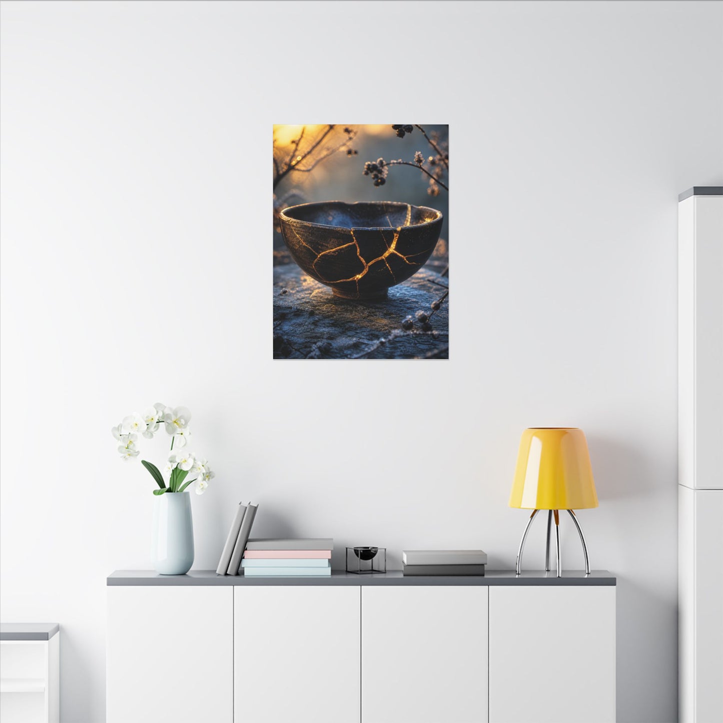 Ceramic Bowl Canvas Art | Winter Kintsugi Gold Repair Art