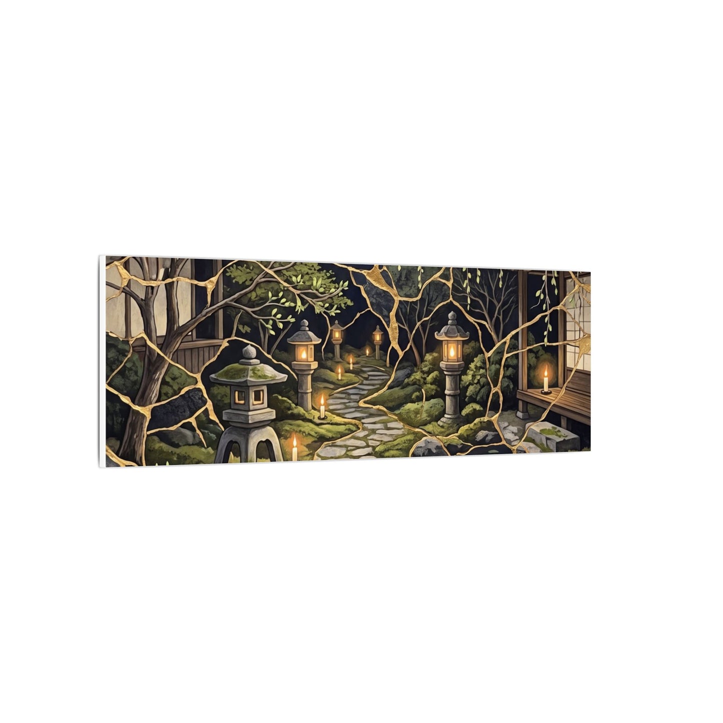 Kintsugi Moonlit Garden in Candlelight | Gold Vein Canvas Art
