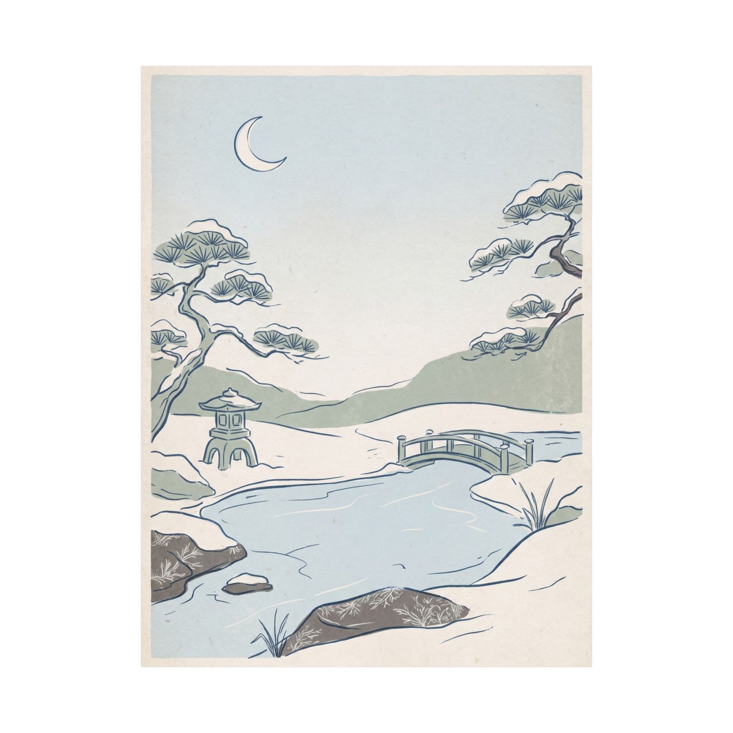 Moonlit Garden Minimal Line Wall Art Print | Neutral Japandi Art