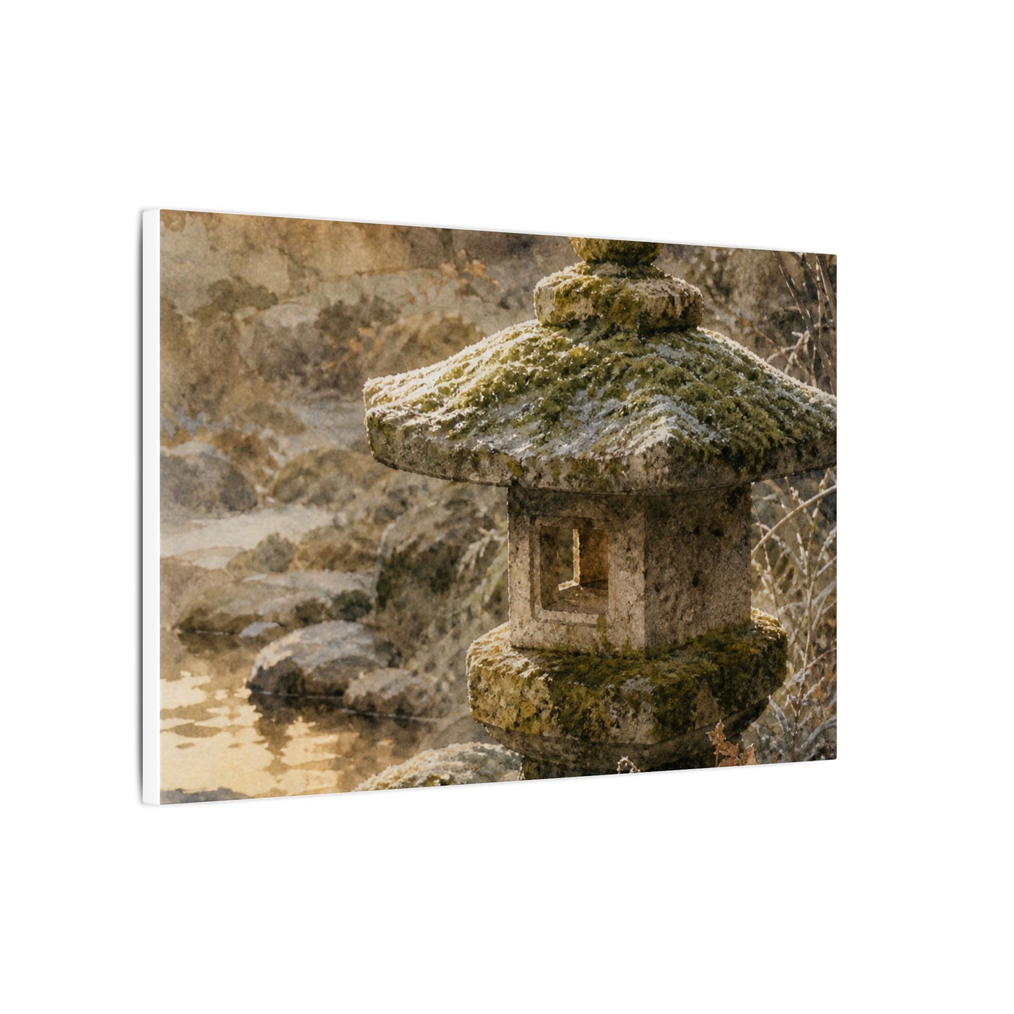 Winter Stone Lantern Watercolor Canvas Art | Earthy Decor