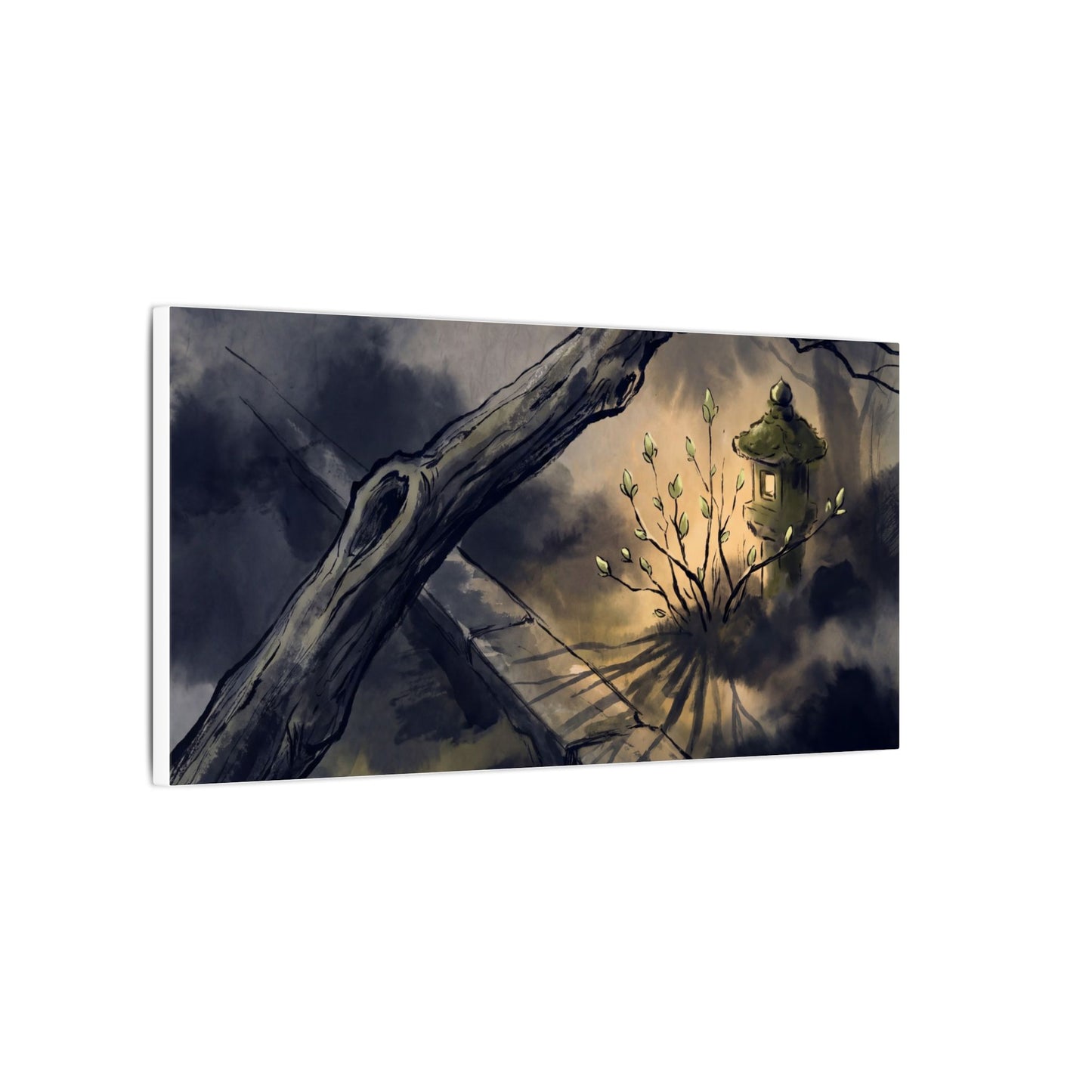 Dark Japandi Moonlit Garden in Golden Hour | Charcoal Ink Canvas Art