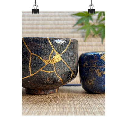 Kintsugi Tea Ceremony in Dawn | Crackle Gold Wall Art Print