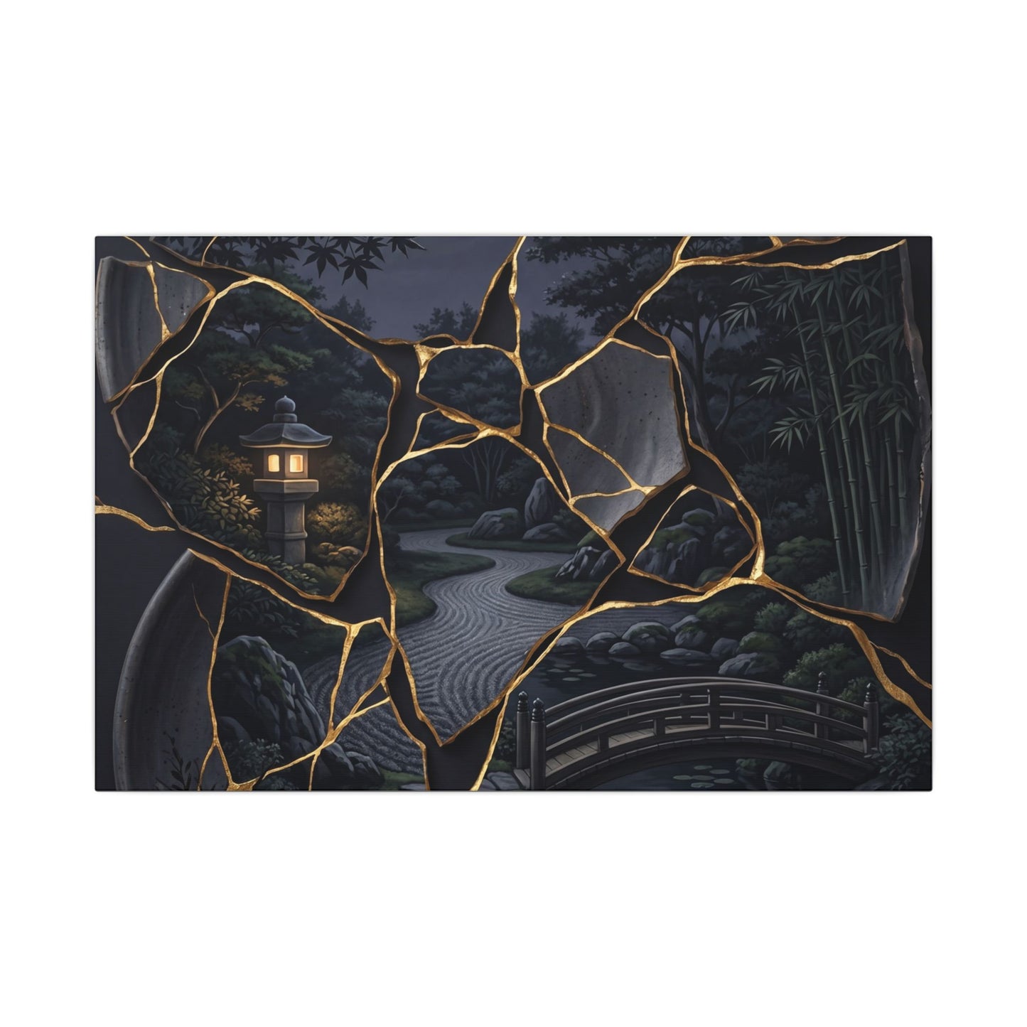 Kintsugi Moonlit Garden in Golden Hour | Gold Repair Canvas Art