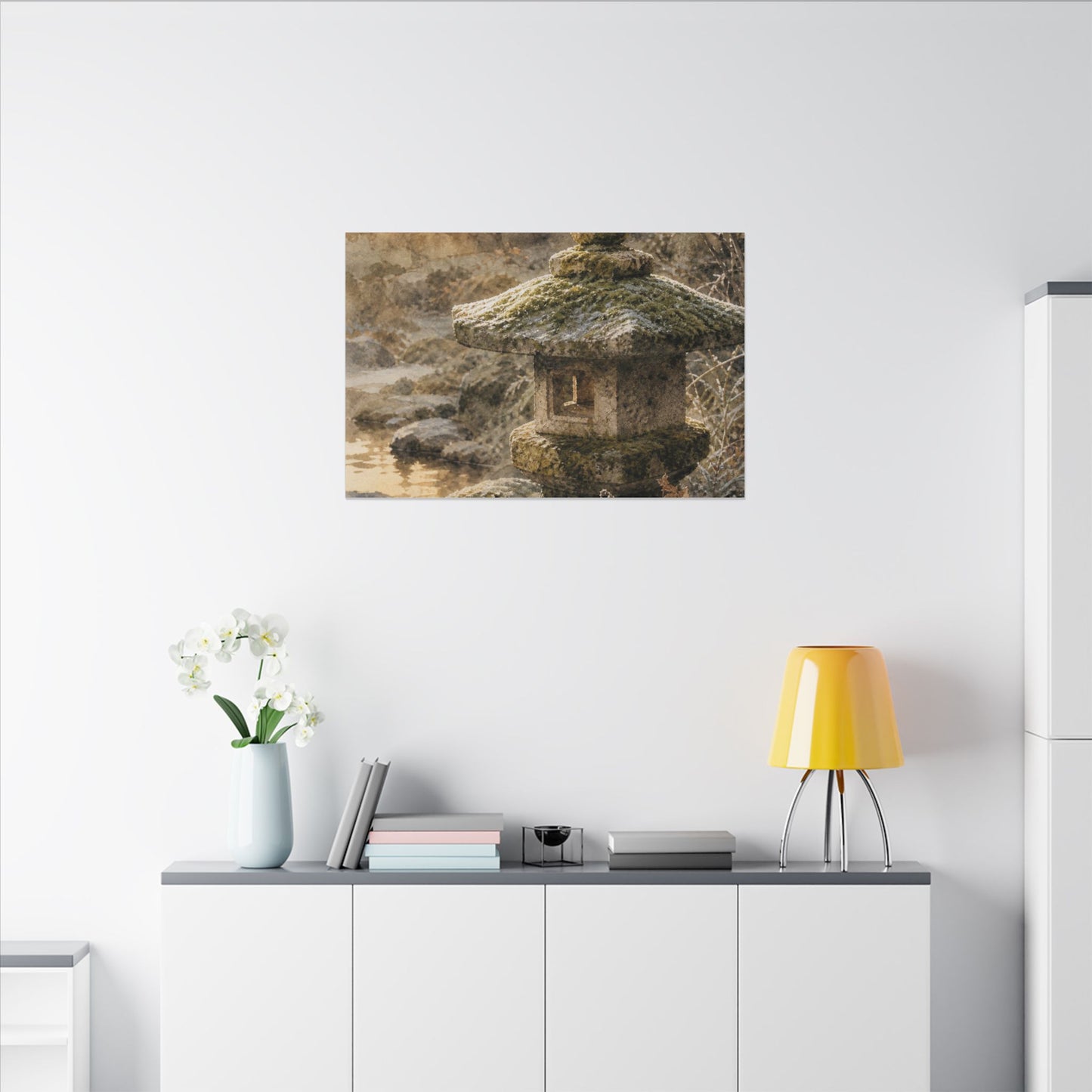 Winter Stone Lantern Watercolor Canvas Art | Earthy Decor