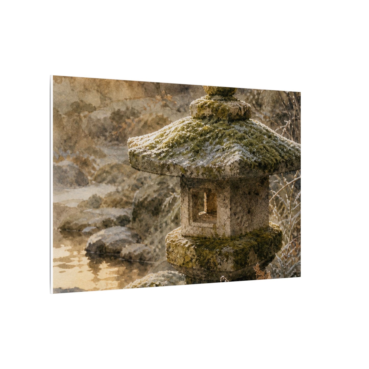 Winter Stone Lantern Watercolor Canvas Art | Earthy Decor