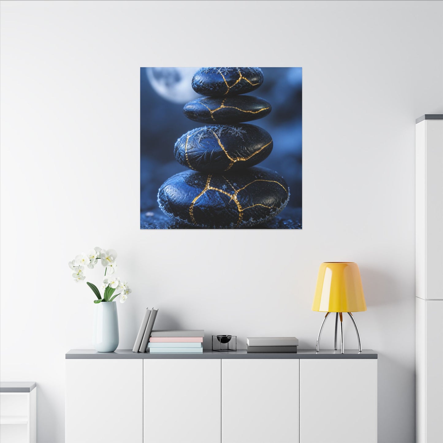 River Stones Canvas Art | Winter Kintsugi Gold Repair Art