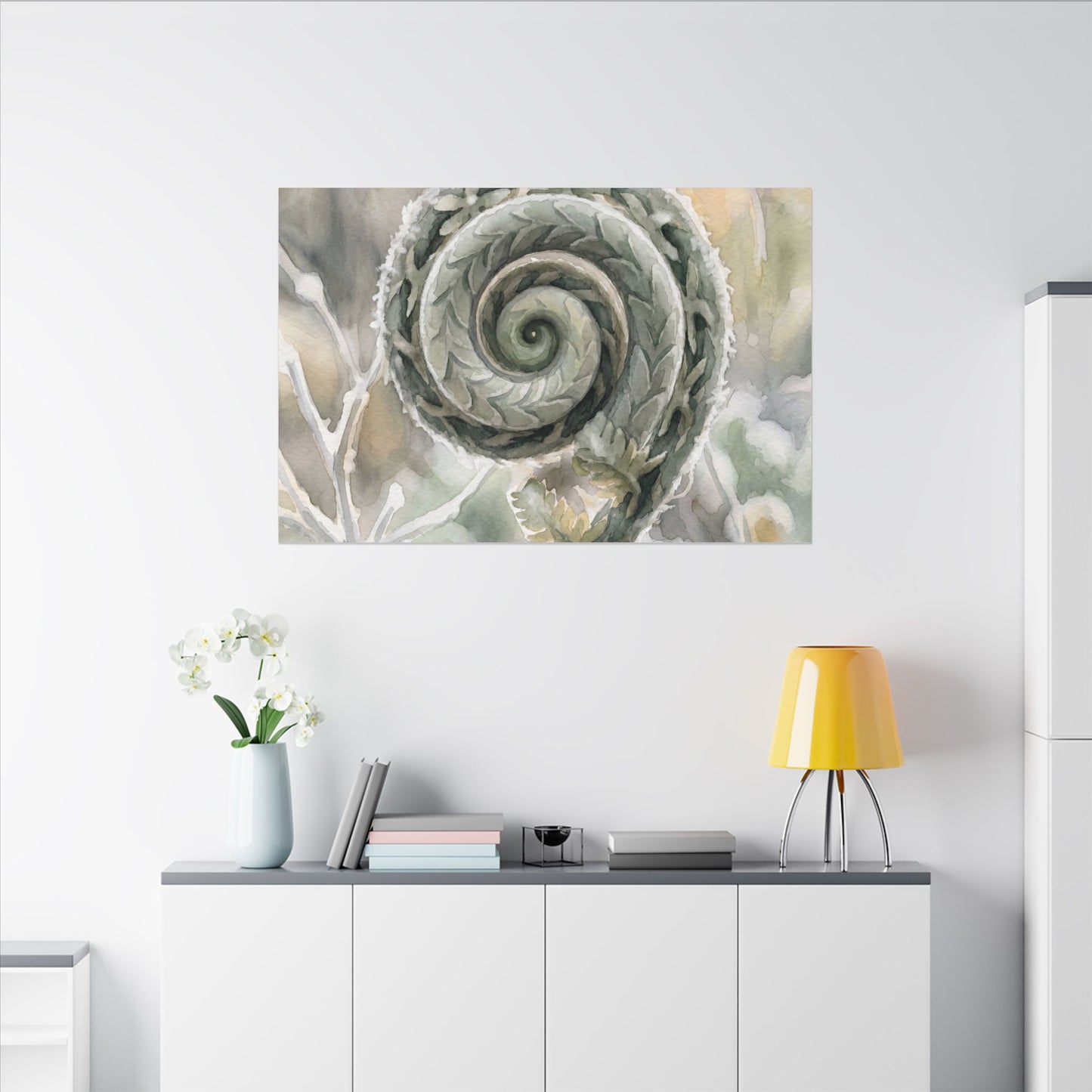 Winter Fern Unfurling Watercolor Canvas Art | Cozy Decor