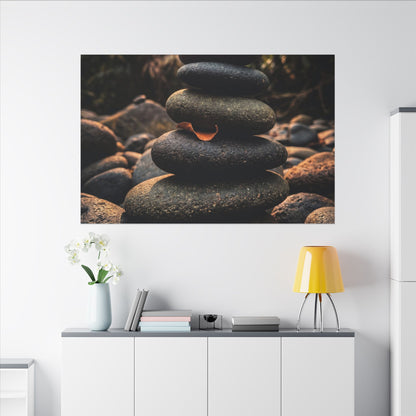 Dark Japandi River Stones in Golden Hour | Moody Minimal Canvas Art